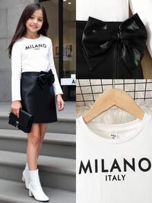 SHEIN Tween Girl Fashion Casual 2 Pieces Set: Knit Letter Graphic Print Crew Neck Long Sleeve Fitted T-Shirt + PU Leather Solid Bow Decor Snug Fit Mini Skirt, Autumn/Winter Outfit Bow Skirt Black And White Skirt Girl Outfit Black And White - Black and White - View 9
