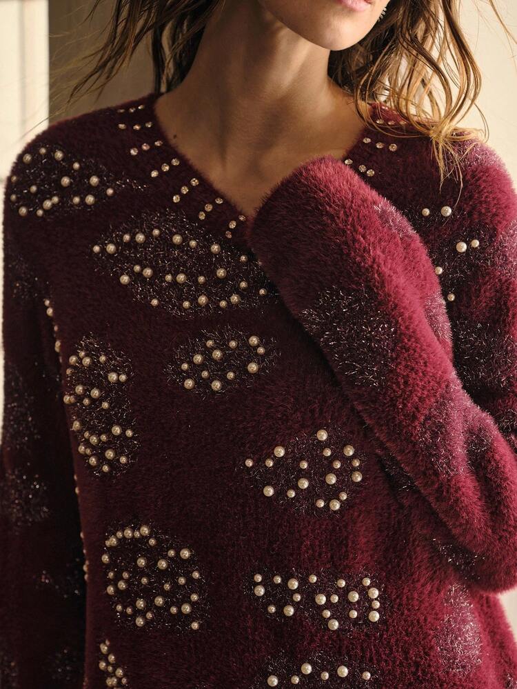 FAUX PEARLS DETAIL FLUFFY KNIT SWEATER
