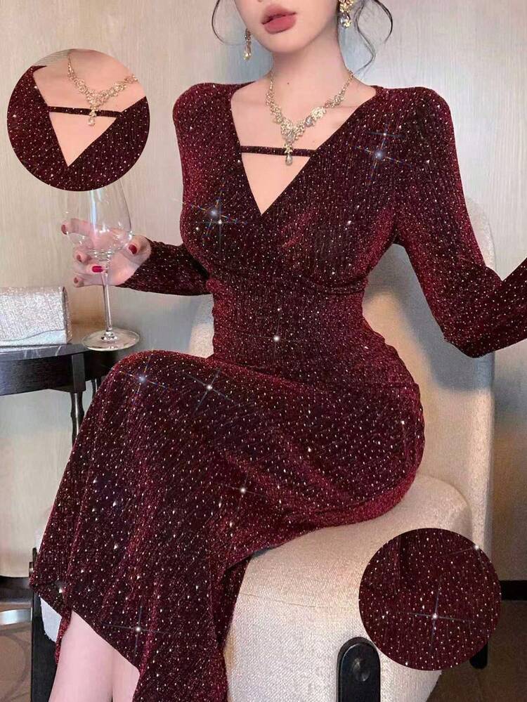 High-End Luxury Fashion Retro Elegant Long Sleeve V-Neck Shiny Rhinestone Bodycon Dress, Red Evening Gown Christmas, New Year Prom Dress