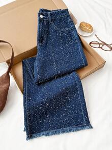 Comfortcana 女士秋季口袋阔腿宽松休闲百搭牛仔裤，时尚斑点阔腿牛仔裤，毛边高腰牛仔裤，纹理宽松牛仔裤，优雅牛仔裤，女士圣诞节牛仔裤，女士冬季牛仔裤，女士秋冬牛仔裤 - 深色水洗藍 - 查看 4