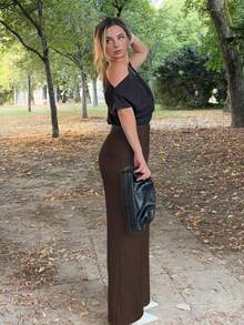 Jeta Ari 女士复古优雅提花卷边褶皱阔腿裤，秋冬 - 咖啡棕 - 查看 6