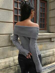 SHEIN EZwear 女式纯色露肩长袖修身时尚毛衣，秋季 - 灰色 - 查看 2