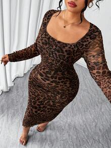 Elenzga Plus Size Leopard Print U-Neck Long Sleeve Ruched Waist Elegant Bodycon Cocktail Dress, Suitable For Work And Party, Autumn/Winter