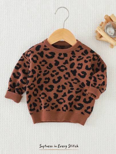 Cozy Pixies Suéter de cuello redondo de manga larga de punto suave con estampado de leopardo para bebé niña, versátil para el hogar y uso casual, otoño/invierno