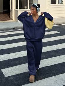 SHEIN EZwear 加大码藏蓝色休闲宽松保暖内衬卫衣套装，秋季 - 藏蓝色 - 查看 4