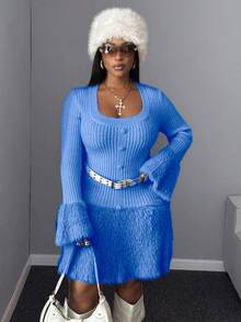 Maweii Plus Size Women Solid Color Elegant Fitted Fuzzy Heart Knitted Sweater Dress - Blue - View 2