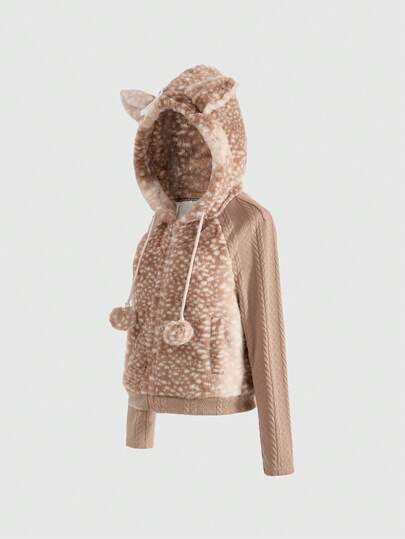 Grunge Punk Y2K Autumn/Winter Cute Deer Pattern Faux Fur Patchwork Jacquard Knit Cardigan With 3D Ear Decor For Women