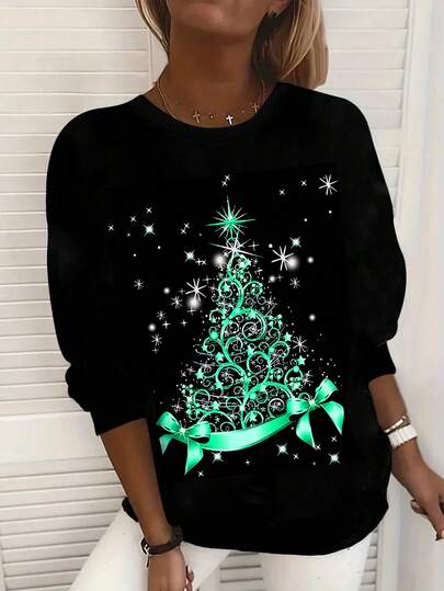 EMERY ROSE Felpa casual da donna con stampa albero di Natale, collo equipaggio, maniche lunghe, autunno/inverno