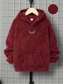 SHEIN Boys' Casual Embroidered Double-Sided Fleece Hooded Pullover Sweatshirt - Red - View 1