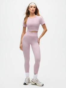 Gameset SHEIN Sport 女士纯色圆领插肩袖T恤和紧身裤运动套装 - 粉色 - 查看 4