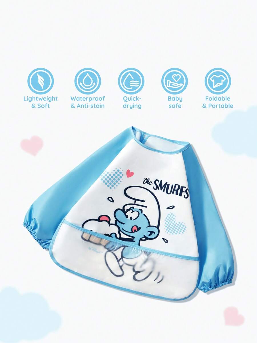 SHEIN X The Smurfs 0-3岁可爱卡通婴儿幼儿长袖围裙，防水防污罩衣，采用TPU制成，柔软、轻便、可折叠、便携，适合进食、绘画、户外活动 - 淺藍色 - 查看 1