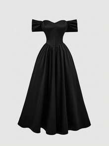 SHEIN MOD 一件式露肩系带黑色中长连衣裙 - 黑色 - 查看 3