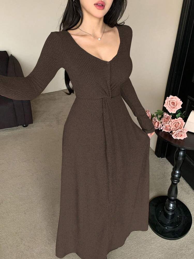 Women's Elegant Solid Color V-Neck Twist Midi Dress, Autumn/Winter