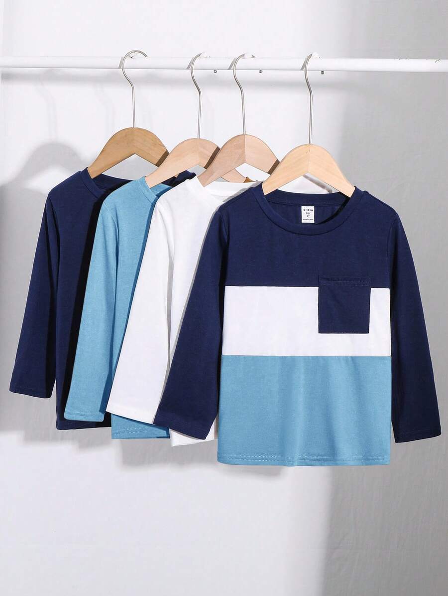 SHEIN Bộ 4 áo thun dài tay cổ tròn màu trơn và tương phản cho trẻ em, thoải mái và đa năng, thích hợp mặc ngoài trời, trong nhà, trường học, tiệc tùng, Giáng sinh, năm mới, xuân/hè/thu/đông - Màu xanh lam - Xem 1