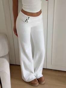 SHEIN EZwear Women's Autumn And Winter Clothing Home Simple Comfortable Sweet Casual Thermal Lined Warm White Double-Layer Waist Design Buttons Asymmetrical Beige Simple Sweater Trousers, Daily Wear,Fall Women's Solid Color Casual Low-Waist Comfortable Knit Pants - White - View 5