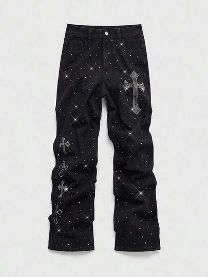 Street Life Pantalon en jean casual pour hommes avec poche ornée de strass en forme de croix