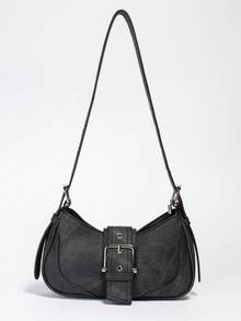 Aloruh 1 pieza Bolso de mano de mujer de piel sintética, estilo motociclista de moda Y2K baddie, bolso denim retro pequeño, bolso bandolera de nicho de estilo dulce y picante - Negro - Ver 2