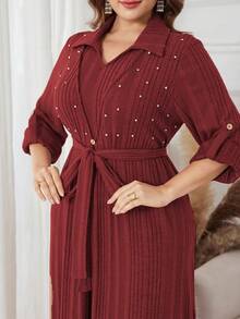 Lacomfia Plus Size Women Rhinestone Embellished Shiny Knit Elegant Long Sleeve Dress - Burgundy - View 5