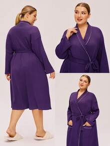 LUVLETTE Autumn And Winter Women Plus Dark Blue Waffle Knit Long Robe With Tie Night Gown Women Bath Robe Fall Pajamas