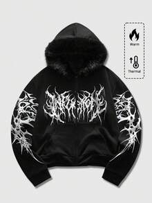 ROMWE MEN Street Life 男士印花保暖连帽卫衣，带毛领，秋冬季 - 黑色 - 查看 4