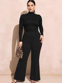 SHEIN SXY 大码女式休闲日常通勤简约纯色罗纹修身打底T恤，秋冬款 - 黑色 - 查看 4