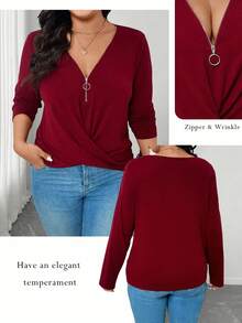 EMERY ROSE Plus Size Casual Chic Versatile Zip-Up T-Shirt For Women - Red - View 1