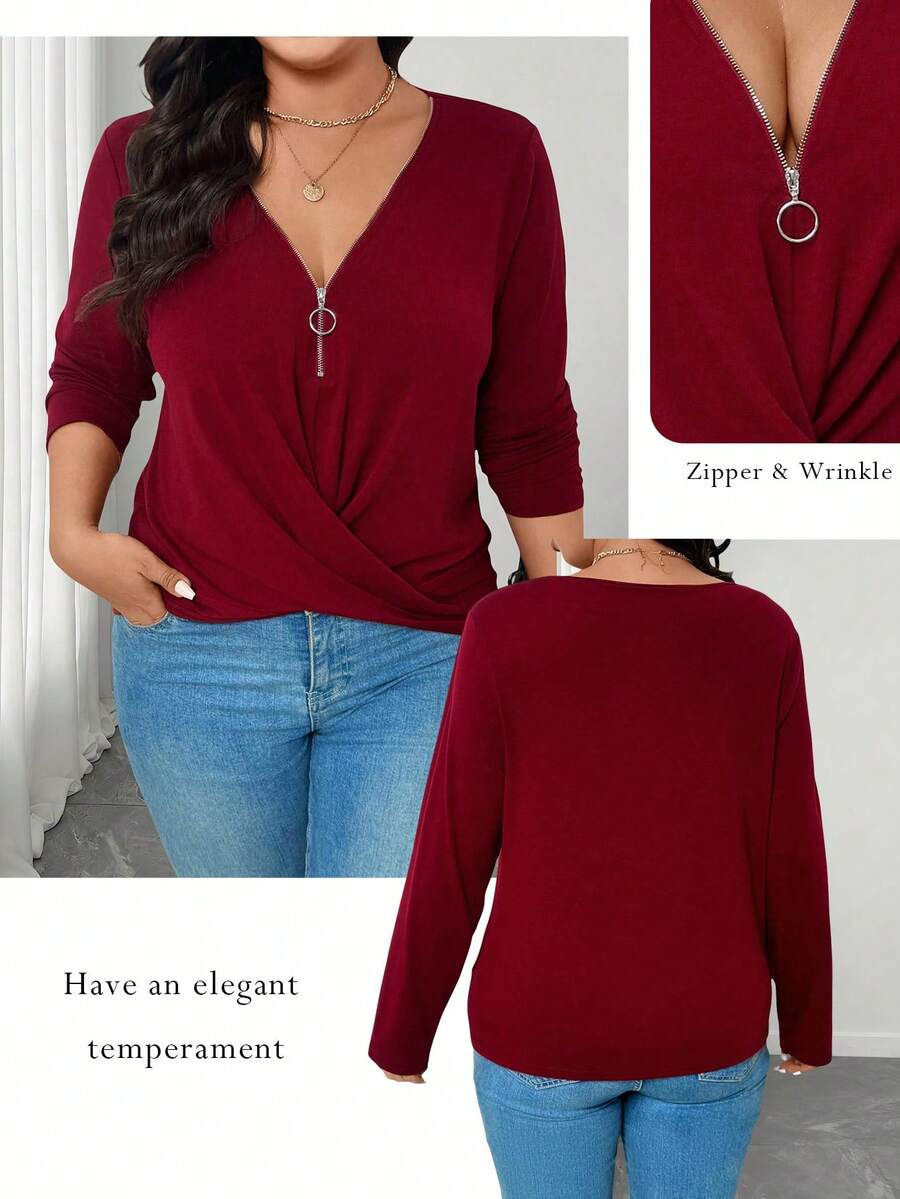 EMERY ROSE Plus Size Casual Chic Versatile Zip-Up T-Shirt For Women - Red - View 1