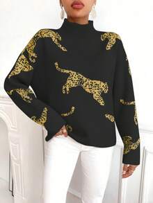 SHEIN Clasi Women's Casual Animal Pattern Stand Collar Sweater, Autumn/Winter