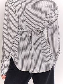 MUSERA 领带细节纽扣收腰条纹衬衫，优雅性感街头风，适合夜间外出、度假、春夏穿着。 - 黑色 - 查看 5