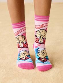 Popeye X SHEIN 2 đôi tất nữ mềm mại, thoáng khí, thấm hút mồ hôi, kiểu dáng thường ngày, dài đến bắp chân, họa tiết hoạt hình dễ thương màu hồng và trắng, mũi và gót được gia cố để tăng độ bền, phù hợp mọi mùa hè và đông, tất in hình, ý tưởng quà tặng. - Nhiều màu - Xem 4