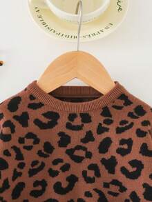 Cozy Pixies 女婴豹纹针织圆领长袖套头毛衣，居家休闲皆宜，秋冬季款 - 黑色 - 查看 4