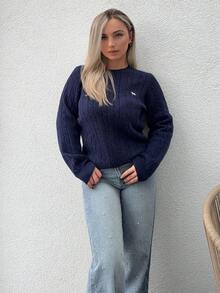 Jeta Ari 女士纯色圆领刺绣长袖毛衣，休闲日常装，长袖上衣，秋装 - 藏蓝色 - 查看 1