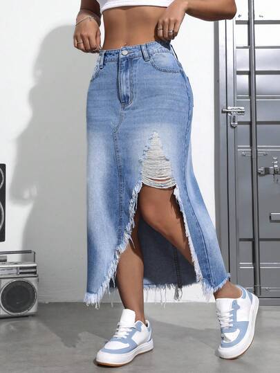 SHEIN SXY Falda vaquera casual de verano con cintura alta, orilla deshilachada y abertura para tallas grandes