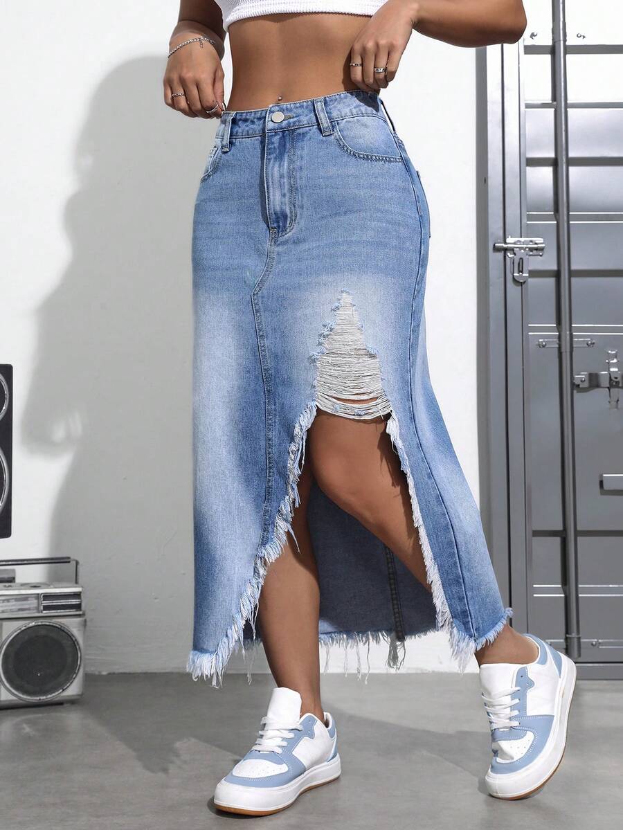 SHEIN ICON 加大码高腰毛边开衩夏季时尚休闲牛仔半身裙 - 藍色 - 查看 1
