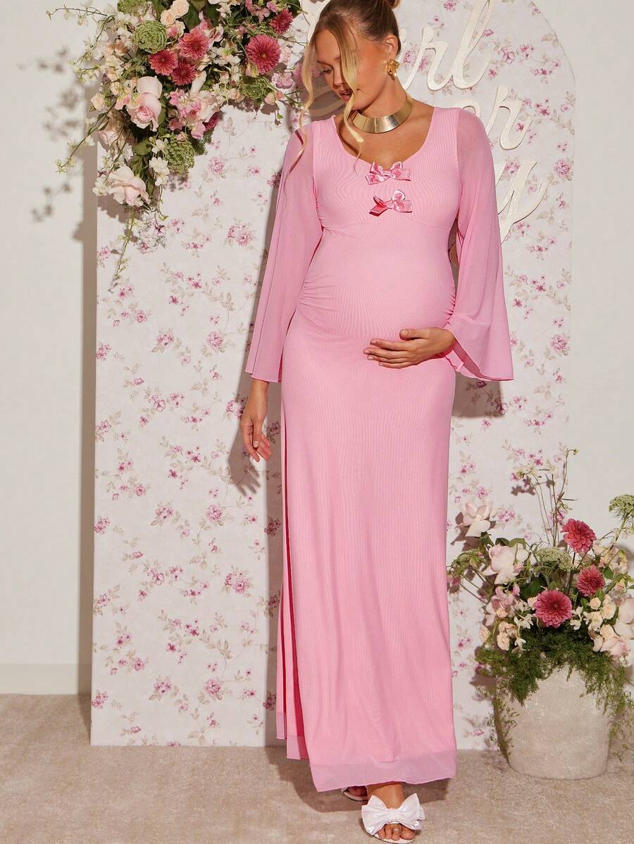 Loomaby Elegant Pink Autumn Pregnant Maternity Dress,Solid Color Flare Sleeve Bow Decor Baby Shower Dress,Gender Reveal Breastfeeding Gown For Photoshoot - Pink - View 1