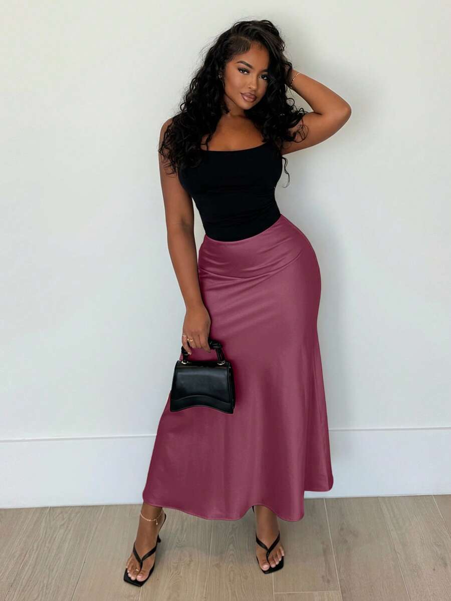 Alexandranx High Waist Solid Maxi Satin Skirt Burgundy Color Women Outfit - Burgundy - View 1