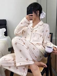 Cute Cartoon Bear Print Lapel Top & Pants Women Pajama Set Soft Pajamas Set Bear Print Pajamas Sleepwear Women Cute Sleepwear, Fall & Winter Clothes Cute Pajama Teddy Bear Pajama Set Kawaii Pajamas Cute Pj Set