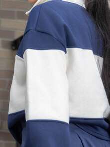 Melissa Matos Collared Striped Sport Jersey Sweatshirt Back To School Autumn Winter Cosy Fall Christmas Cute Everyday Capsule Wardrobe Y2K Streetwear Office Workwear Business Casual - Navy Blue - View 4