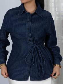 Melissa Matos Striped Single-Breasted Denim Side Tie Blouse, Suitable For Everyday Wear,Jeans Jacket,Fall Women Clothes - Dark Wash - View 3