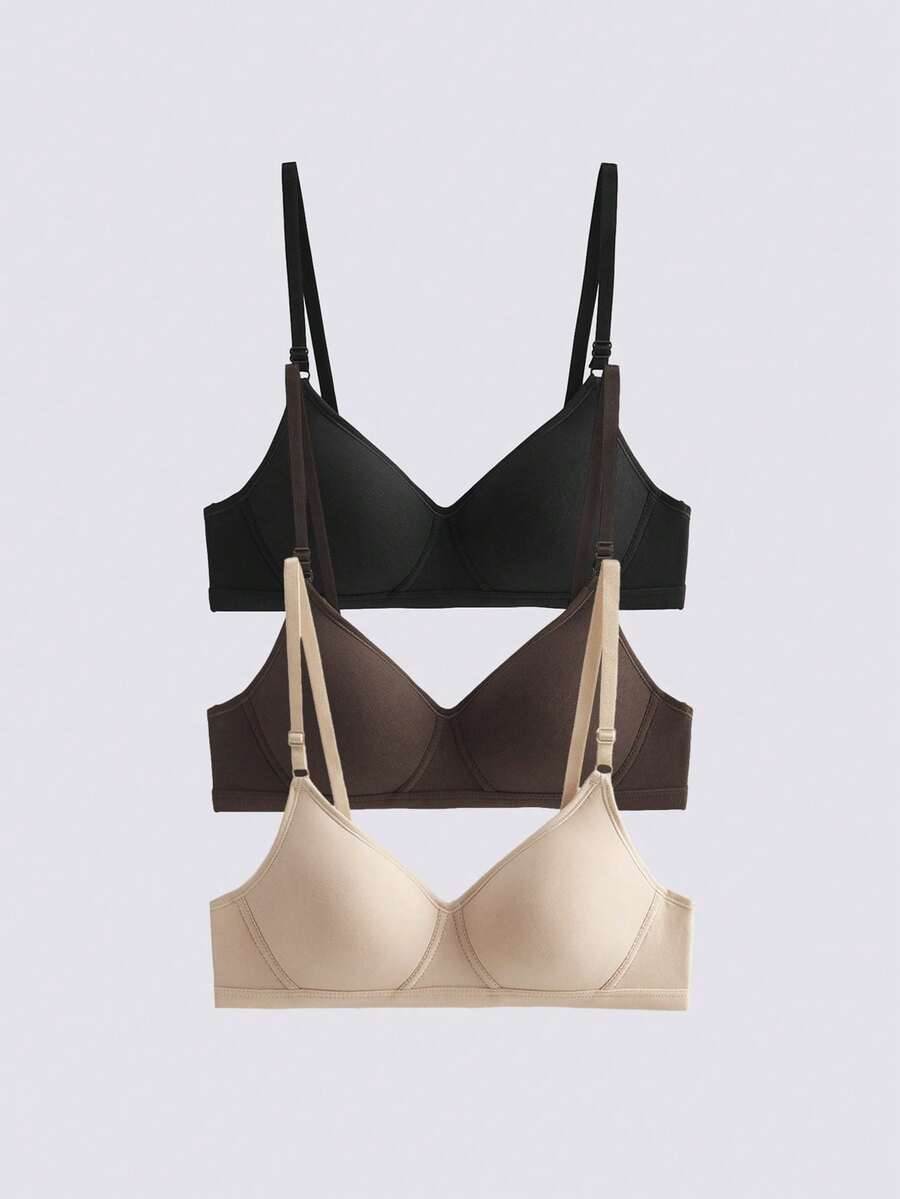 Loungeista 3件装女士舒适睡眠多色无钢圈软杯小胸纯色内衣文胸，睡衣