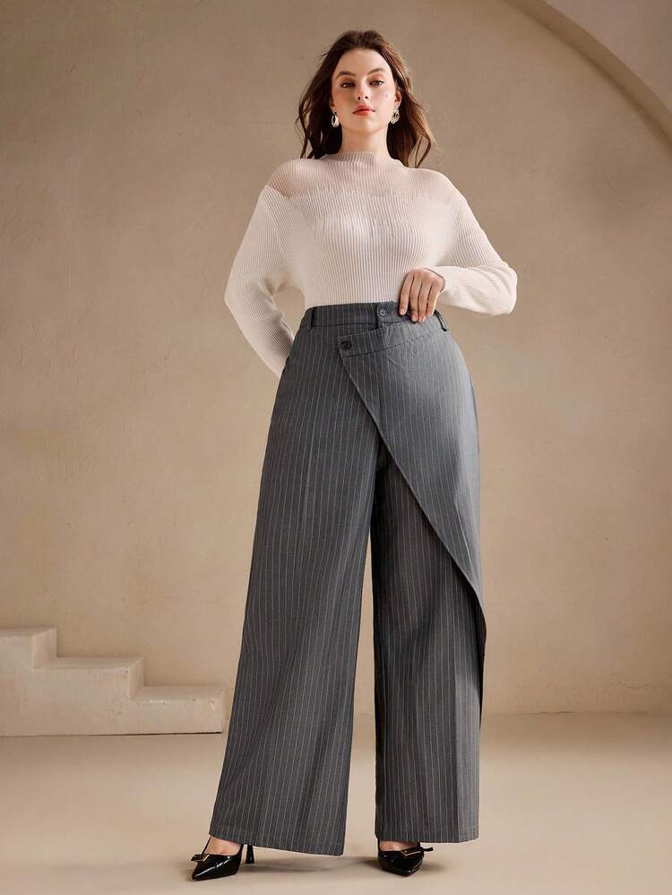 Plus Size Women Vintage Striped Asymmetric Hem High Waist Drape Suit Pants