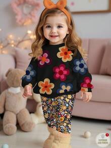 Baby Girl Casual Cute Textured Ditsy Floral Soft Thick Crew Neck Long Sleeve Sweatshirt & Fitted Ditsy Floral Leggings Set, Suitable For Autumn/Winter Multi Colored Toddler Outfit For Girls Flower Toddler Outfit Two Piece Toddler Girl Outfit Toddler Girl Long Sleeve Outfit Flower Two Piece Set Toddler - Multicolor - View 2