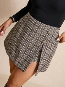 Elaquor Plus Size Women Plaid Button Design Split Hem Elegant Skort Spring - Camel - View 7