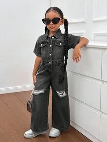 SHEIN 年轻女孩蓝色牛仔破洞衬衫式连体裤，酷炫街头造型 - 黑色 - 查看 6