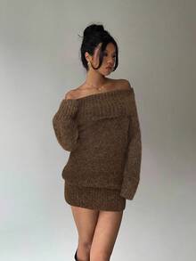 Aloruh 灰色露肩高领长袖迷你连衣裙，上衣宽松下装紧身，年轻淑女风，秋冬 - 棕色 - 查看 4