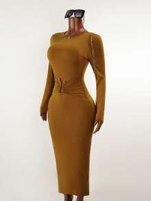 Sirith Metal Decor Waist Fitted Long Sleeve Dress, Everyday Wear - Brown - View 5