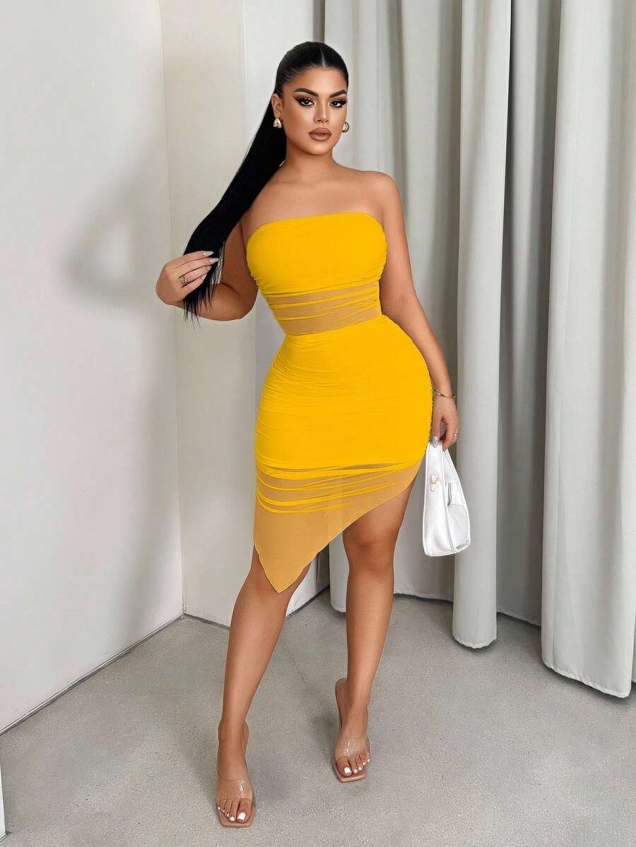 Sirith Vestido tubo ajustado de unicolor y minimalista con pliegues y bajo asimétrico para mujer, de verano - Amarillo - Ver 1