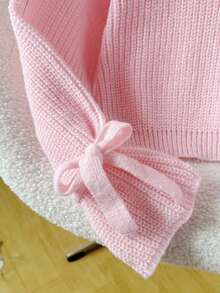 SHEIN Tween Girls Autumn/Winter Knitted Ribbed Cuff Tie Bow Loose Fit Pullover Sweater Girl Knit Sweater Pink Knitted Sweater Girl Bow Sleeve Puffy Sleeve Sweater Tween Girl Pink Sweater Pink Sweater For Girls - Baby Pink - View 3