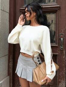 SHEIN EZwear Women's Metal Buckle Decor Hollow Short Sweater In Fall/Winter - White - View 1