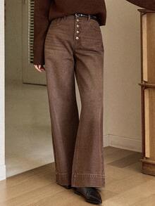 DAZY 女士高腰宽松破洞长款牛仔裤 - 棕色 - 查看 3